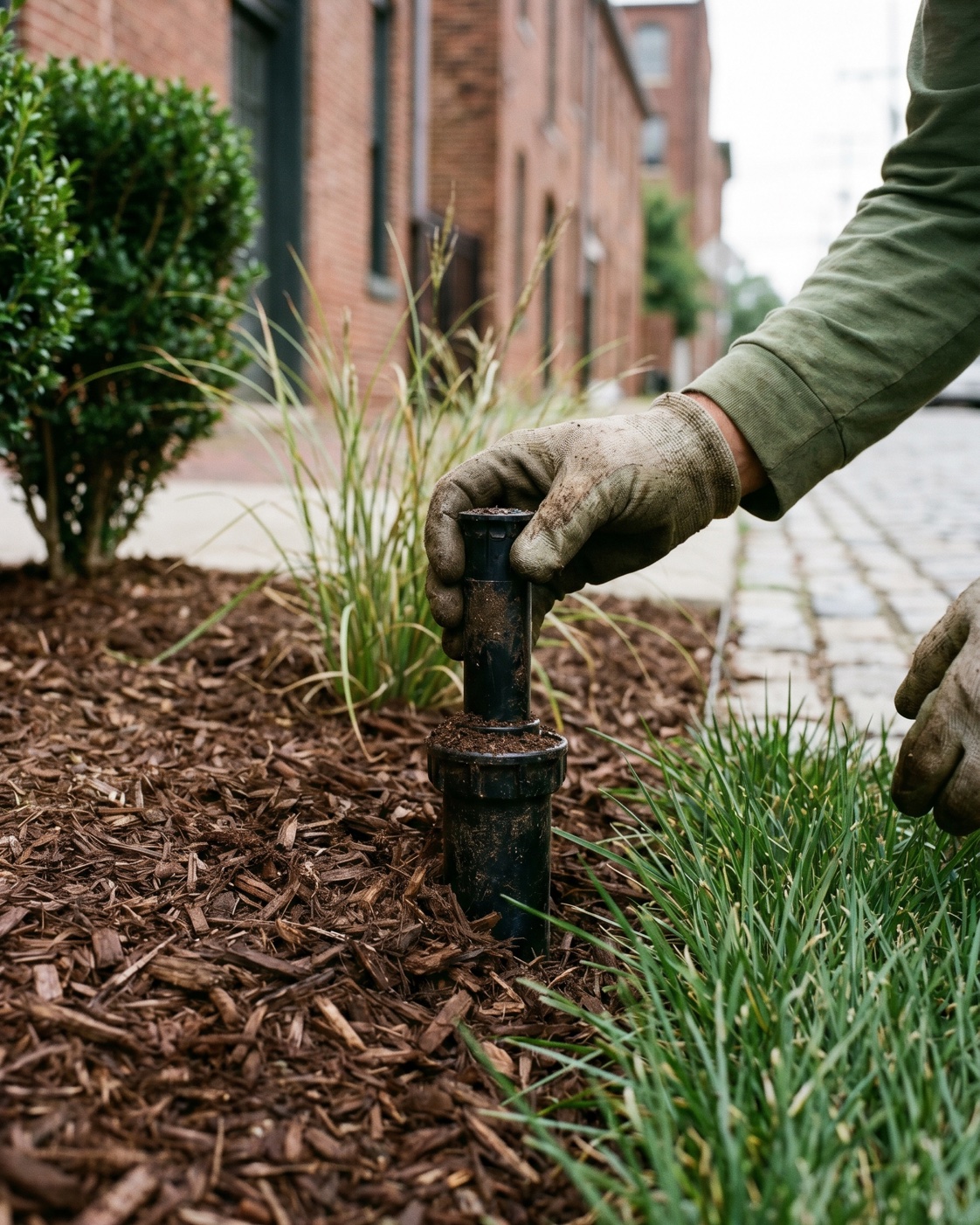 ManageMowed technician inspecting irrigation in a dark mulch bed with historic Richmond brick architecture in the background