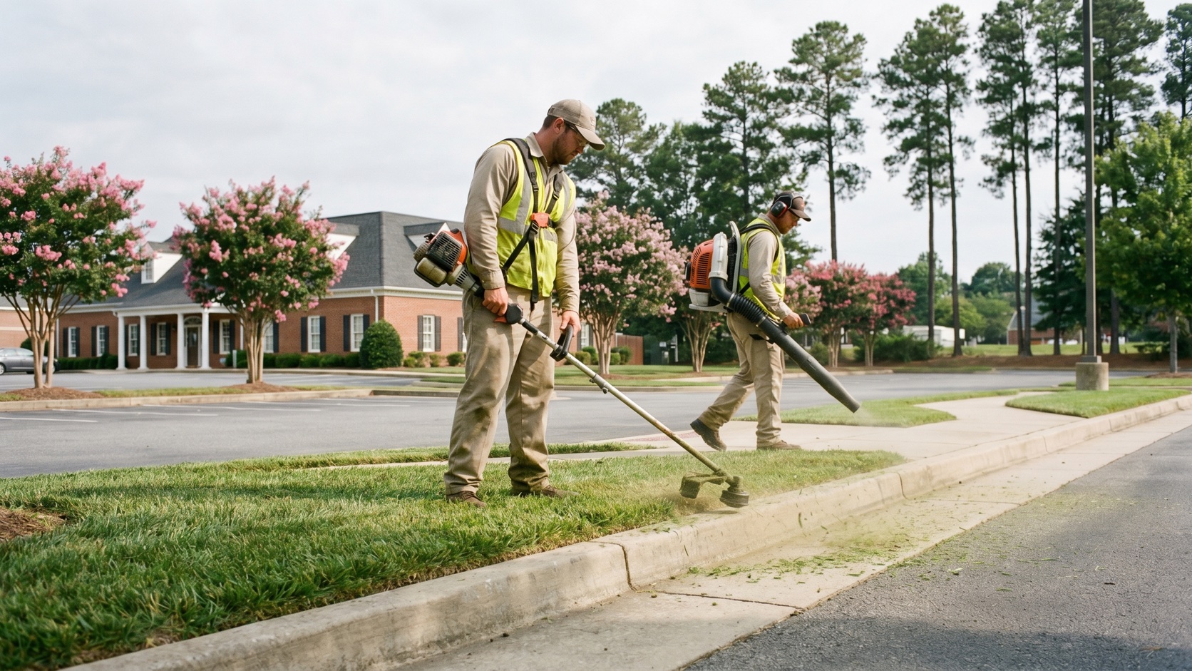 ManageMowed crew edging and blowing turf at a brick retail center along a Mechanicsville commercial corridor