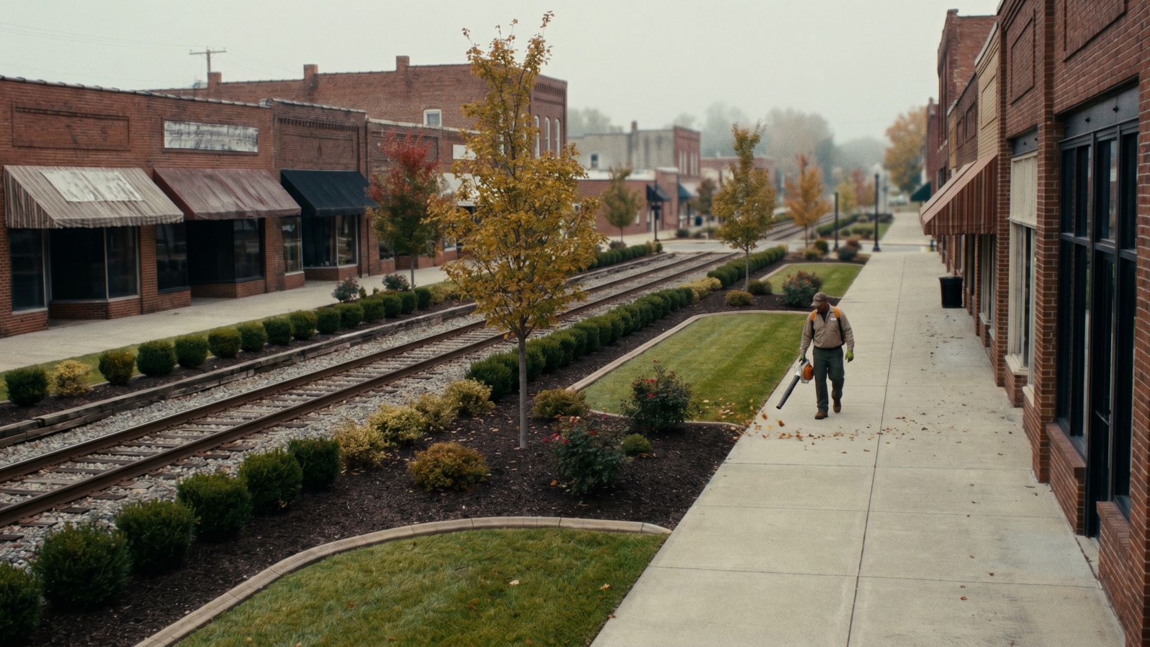 Historic railside commercial street in Ashland, Virginia with tidy storefront landscaping and soft morning light